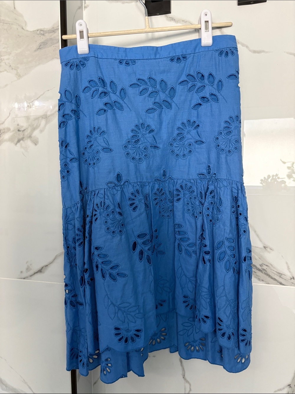 Ann Taylor Blue Eyelet Embroidered Tiered Midi Skirt